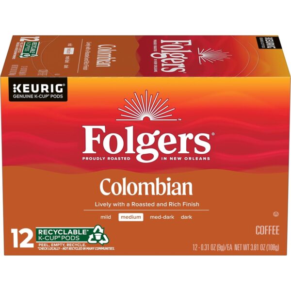 Folgers Colombian Coffee, Medium Roast, Keurig K-Cup Pods, 12 count