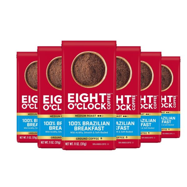 Eight O'Clock Coffee 100% Brazilian Breakfast Ground Coffee, Medium Roast Pack of 6