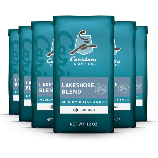 Caribou Coffee Ground Coffee Medium Roast, Lakeshore Blend 12 Ounce Pack of 6