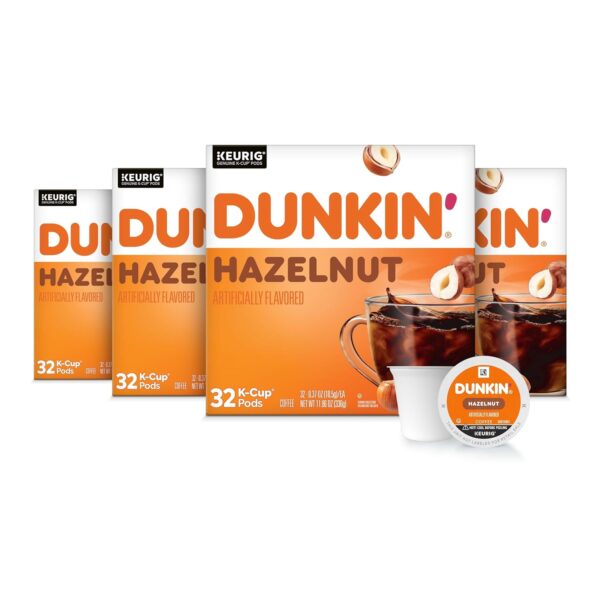 Dunkin’ Hazelnut Artificially Flavored Coffee, K-Cup Pods 32 Count (Pack of 4)