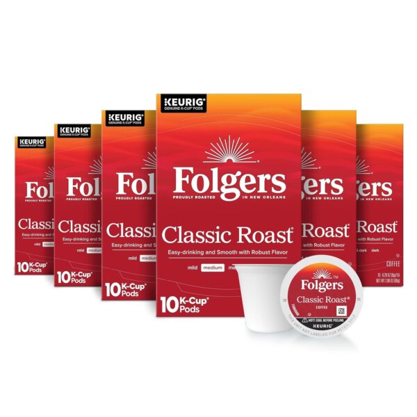Folgers Classic Roast Coffee, Medium Roast, K-Cup Pods 10 Count (Pack of 6)
