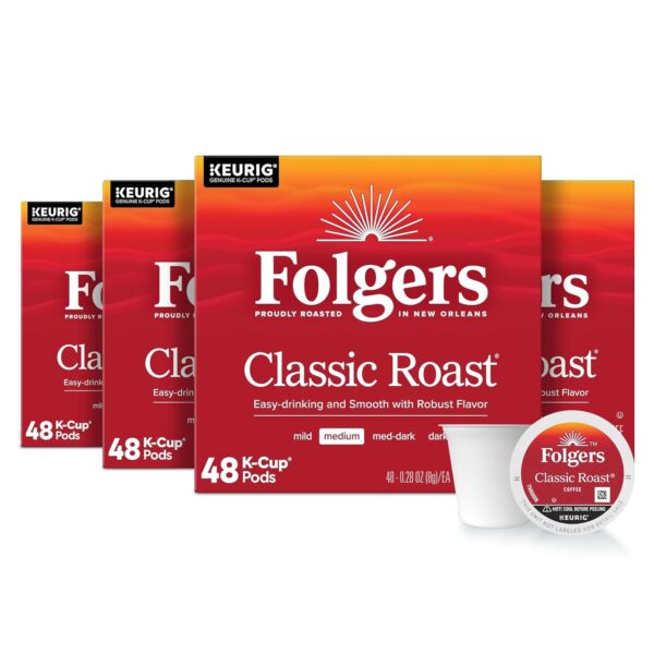 Folgers Classic Roast Coffee, Medium Roast, K-Cup Pods 48 Count (Pack of 4)