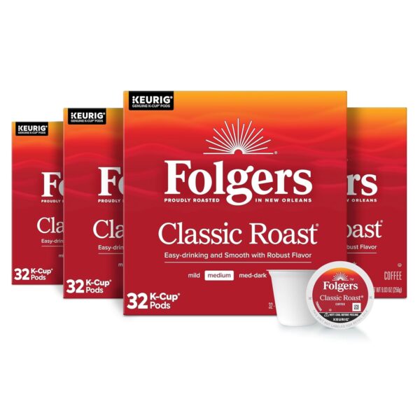 Folgers Classic Roast Coffee, Medium Roast, K-Cup Pods  32 Count (Pack of 4)